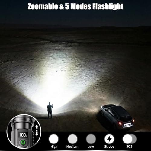 SKYFIRE Tactical Flashlight Rechargeable with Fire Starter, 3000 Lumens Super Bright LED Flashlights for Camping Emergency Home, 5 Modes Zoomable EDC Flash Light with 5000mAh Battery & Power Display - Thumbnail 2