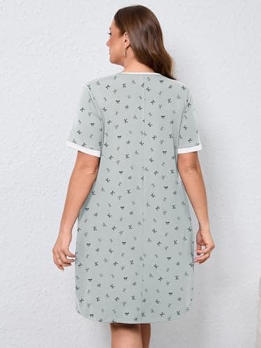 AusLook Plus Size Women's Nightgown 4X Bow Tie Grey Short Sleeve Sleep Dress Sleepwear Soft Sleepshirts Pleated Scoopneck Nightshirt Sleep shirts with Pockets - Thumbnail 2