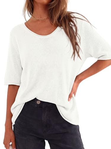 BTFBM Sweaters for Women 2026 Summer Oversized Half Short Sleeve Knitted Pullover V Neck‌ Casual Loose Fit Spring Tops(White, X-Large) - Thumbnail 2