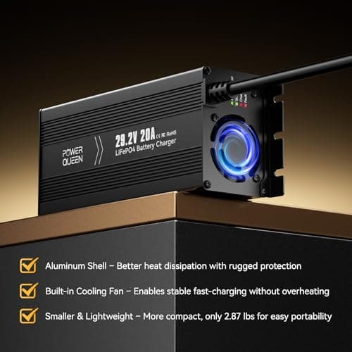 Power Queen 24V 20A LiFePO4 Battery Charger,Smart 24V Lithium Battery Maintainer,Fully Automatic Rechargeable 25.6V (29.2V) LiFePO4 Battery Charger with Multi Safety Protections,0V Activation Function - Thumbnail 3