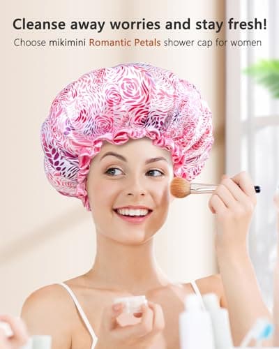 mikimini Large Shower Cap for Women Long Hair, 1 Pack,Romantic Petal Design, Double Layer Waterproof, Reusable, Washable, High-quality, Floral Print - Thumbnail 6