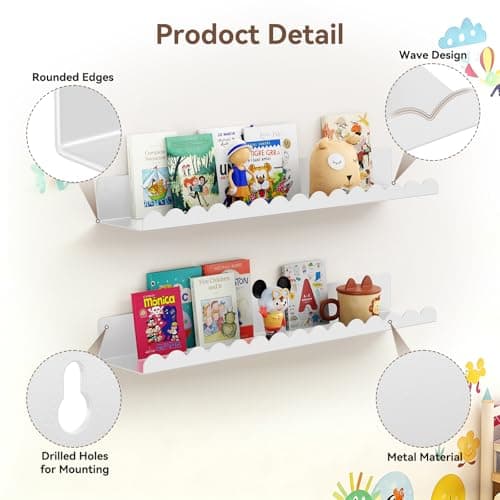 Gattlukd Floating Shelves for Wall, 23 Inch Metal Nursery Book Shelves 4 Pack, Wall Mounted Book Shelf for Kids Room, Bedroom, Bathroom, Playroom Decor （White） - Thumbnail 4