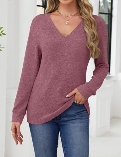 JUSTFASHIONNOW Women's Long Sleeve Tops V Neck Winter Shirts Boutique Tops for Women Trendy Blouses Dressy Casual T Shirts Fashion Winter Clothing (Wine Red,Small) - Thumbnail 3