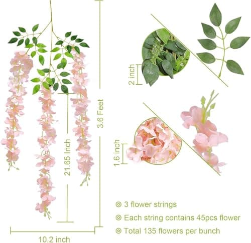 U'Artlines 48 Pack (Total 172.8 Feet) Artificial Fake Wisteria Vine Rattan Hanging Garland Silk Flowers String Home Party Wedding Decor (48, Light Pink) - Thumbnail 5
