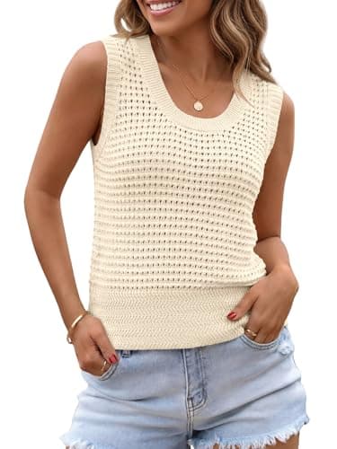 Saodimallsu Womens Summer Crochet Cover Up Sleeveless Scoop Neck Mesh Knit Beach Vacation Sweater Vest Apricot - Image 1