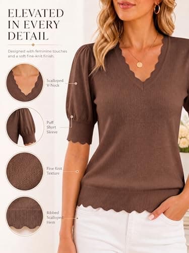 MONORA Women’s Short Sleeve Sweater Puff Sleeve Scalloped V Neck Knit Top Lightweight Pullover for Work Business Casual - Thumbnail 3