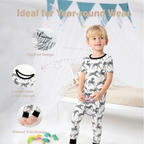 NewSeed Kids 2-Piece So Soft 2-Piece Playtime Set – Short Sleeve Crew Neck Top with Matching Leggings, Little to Big Kids (Zebras, 2-3Y) - Thumbnail 5