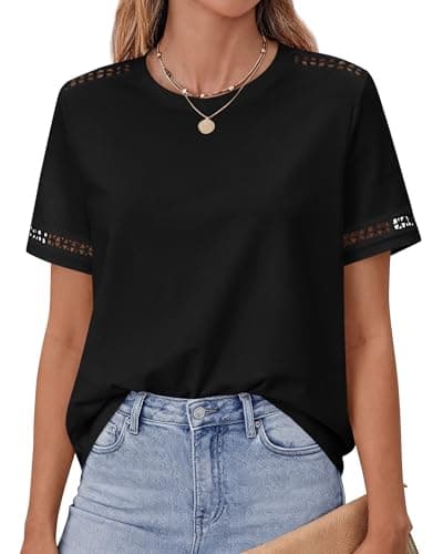 BTFBM Summer Tops for Women Lace Short Sleeve Shirt 2026 Spring Casual Loose Crew Neck Cotton Knit Cute Business Blouses(Black, Small) - Image 1
