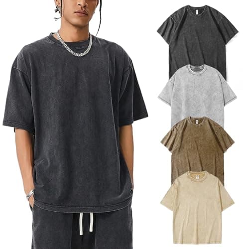 Zukela 4 Pack Brown&Off White&Black&Grey Men's Oversized Vintage Acid Wash Cotton Shirts Unisex Loose Fit Short Sleeve Casual Drop Shoulder Tops Tees 2XL