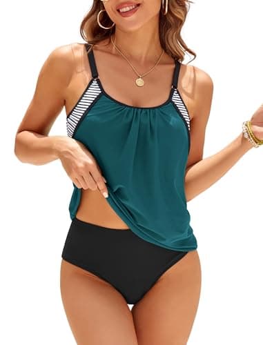 ZAFUL Two Piece Tankini Swimsuit for Women High Waisted Tummy Control Bathing Suit Double Up Tankini Set Peacockblue L - Image 1
