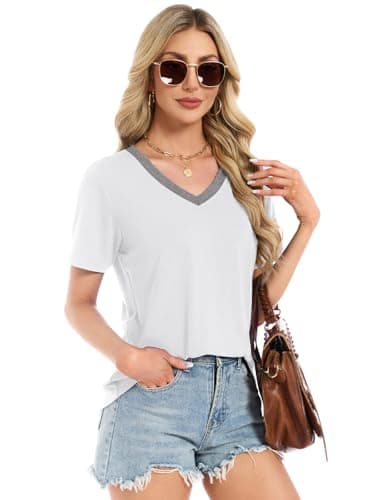 Women Tops Casual Summer T Shirts Short Sleeve V Neck for Ladies Beach Party Clothes Vacation Dressy Tunic Clothes, White/Grey XXL - Thumbnail 5