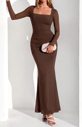 BTFBM Women's Maxi Dresses Fall 2026 Long Sleeve Ruched Bodycon Dress Square Neck Cocktail Party Wedding Guest Dresses(Coffee,Large) - Thumbnail 6