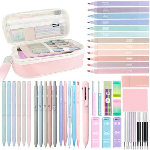 54Pcs Aesthetic School Supplies Set with Large Pastel Pencil Case 12 Dual Tip Highlighters, 6 Gel Pens, 5 Black Pens, 5 Mechanical Pencils (0.5-2.0mm) for Students Stationary College Essentials Gifts - Image 1