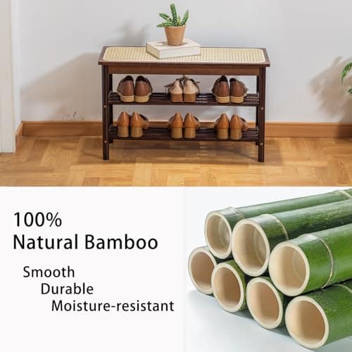 latifolia Shoe Rack Bench, 3-Tier Bamboo Shoe Bench with Breathable Rattan Seat Cushion, Shoe Storage Rack for Entryway(Walnut,31.50''L) - Thumbnail 3