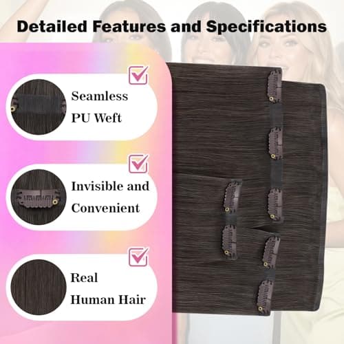 Ve Sunny Seamless Clip in Hair Extensions Mocha Brown Mix, Real Human Hair Extensions Clip ins for Daily Wear with Silky and Soft Texture, Invisible Straight Remy Hair, 16 Inch 80g 4pcs - Thumbnail 4