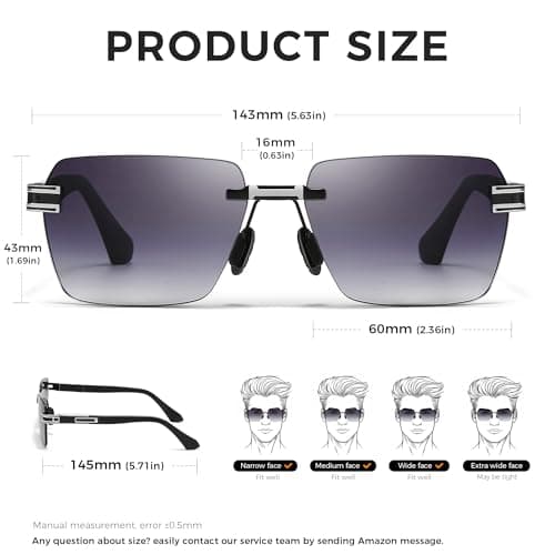 SUNGAIT Rimless Rectangle Sunglasses Square Frameless Shades for Men Women Y2K Vintage Retro UV Protection (Silver/Grey Gradient Lens) - Thumbnail 5