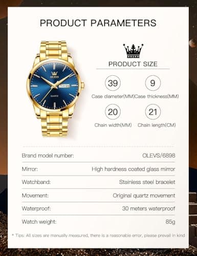 OLEVS Watch Men Gold Blue Stainless Steel Large Face Watches for Men Casual Day Date Mens Watches Classic Water Resistant Analog Quartz Wrist Watch for Man Luxury Golden Reloj para Hombre - Thumbnail 6