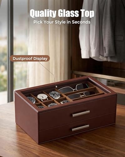 ProCase Mens Jewelry Box Pull-Out Drawer, 6 Slot Watch Case & 5 Slot Sunglasses Organizer, Fathers Day Gift for Dad, 2-Tier Leather Watch Box with Glass Display Top, Gift for Men & Women-Espresso - Thumbnail 6
