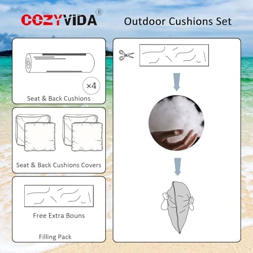 COZYVIDA Outdoor Deep Seat Cushion Set of 2, 24"x24"x5.5" Seat & 25"x22.5" Back, C0 Water-Resistant Breathable Polyester, UV-Resistant 1000+ Hrs, 30D Foam with Recycled Fiber Fill,Boho Paisley,Beige - Thumbnail 6