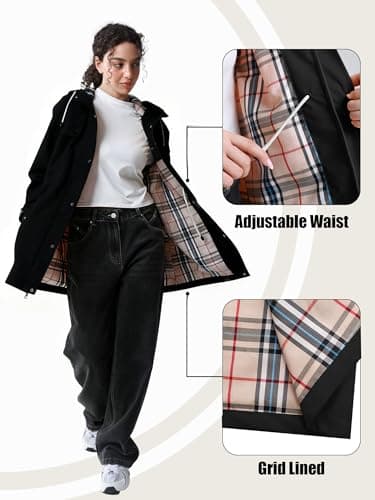 PITINAN Raincoat For Womens With Hood Lined Windbreaker Ladies Long Rain Jacket Women Waterproof With Snap Pockets Rain Trench Coat Spring Winter Travel Jacket Coats For Women Black M - Thumbnail 3