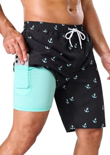 SILKWORLD Mens 9 Inch Stretch Swimming Shorts Compression Liner Swim Trunks Swimwear Bathing Suits Beach Wear Swim Suits, Blue Anchor, Medium - Thumbnail 2