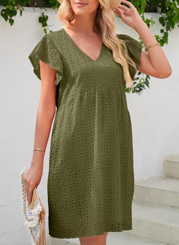 Dokotoo Beach Vacation Clothes for Womens 2026 Summer Casual Short Sleeve V Neck Swing Dress Flowy Cutout Ruffle Dress Trendy Gowns and Evening Dresses Spring Party Dresses Green X-Large - Thumbnail 4