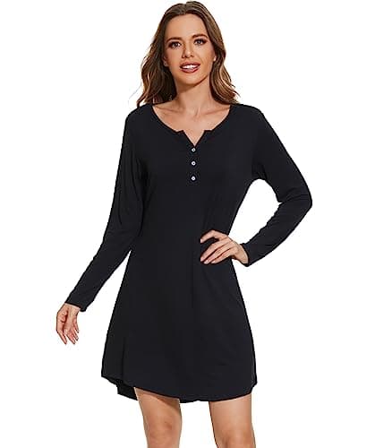 WiWi Women's Viscose from Bamboo Nightgown Long Sleeve Nightshirt Soft Sleep Dress V-neck Loose Comfy Pajama S-XXL, Black, Small - Image 1