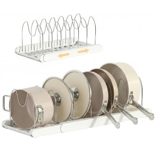 TOMSHUB Expandable Pots and Pans Organizer Under Cabinet, 7 Stainless Steel Dividers, HIPS Base, 13-22 inch Heavy Duty Pan Rack with Lid Holder, Pot Organizer Inside Cabinet for Kitchen Storage - Image 1