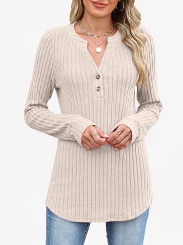 ANRABESS Womens Long Sleeve Henley Shirts 2026 Fall Tunic Tops Ribbed Knit Lightweight Sweaters Dressy Casual Blouse Outfits Light Khaki X-Large - Thumbnail 4