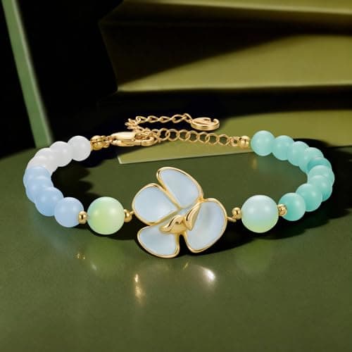 Cicy Bell Womens Flower Bracelets 18K Gold Plated Trendy Charm Colorful Cat's Eye Stone Beaded Adjustable Stretch Bracelet Friendship Vacation Jewelry Accessories - Thumbnail 5