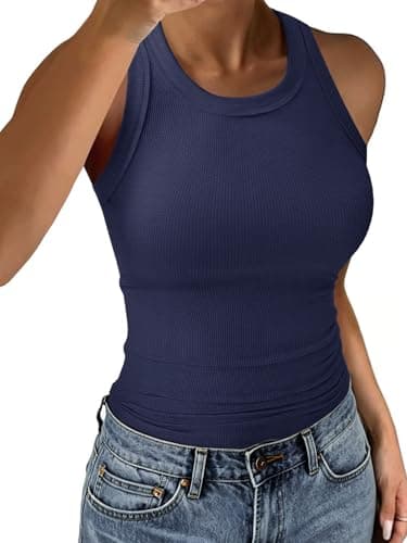 C.O.Z.Y Tank Tops for Women Ribbed Racerback Top Shirts High Neck Tank Casual Slim fit Basic Summer Tops Navy Blue XXL - Image 1