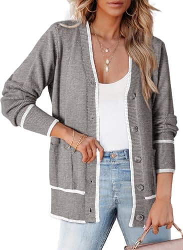 Dokotoo Short Cardigans for Ladies Color Blocked 2026 Spring Fashion Open Front Lightweight Spring Knit Cute Sweaters with Pockets Trendy Clothing,Gray Large - Image 1
