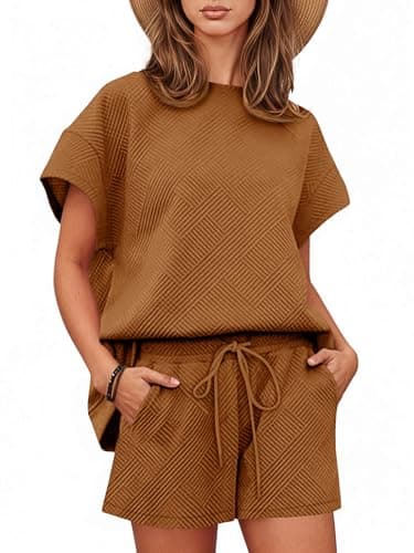 Tankaneo Womens 2 Piece Short Sets Outfits Summer Matching Lounge Set Casual Short Sleeve Tops and Shorts Pajama Set with Pockets Brown - Image 1