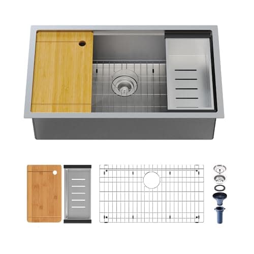 GKFF Kitchen Sink 16-Gauge Workstation S304 Stainless Steel Kitchen Sinks Handmade Modern Single Bowl Deep Sink with Accessories and Integrated fregaderos de cocina modernos (32" x 19" x 10") - Thumbnail 3