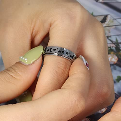 MHWTTY Anxiety Ring for Women Fidget Toys Adults Ring Stainless Steel Spinner Rings Moon Star Fidget Rings Gift for Women Men Silver Size 6 - Thumbnail 4