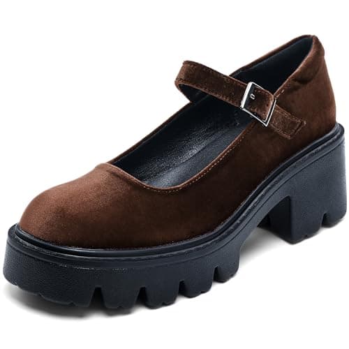 Elvora Women's Mary Jane Shoes - Platform Mary Janes for Women, Brown Velvet Round Toe Chunky Dress Shoes with Adjustable Ankle Strap - Image 1