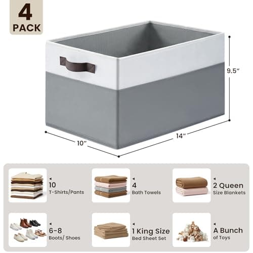 4 Pack Large Closet Storage Baskets Bins for Shelves | Fabric Closet Organizers and Storage with Handles Home Organization | Decorative Collapsible Baskets for Organizing Clothes Toy Nursery 14"x10" - Thumbnail 2