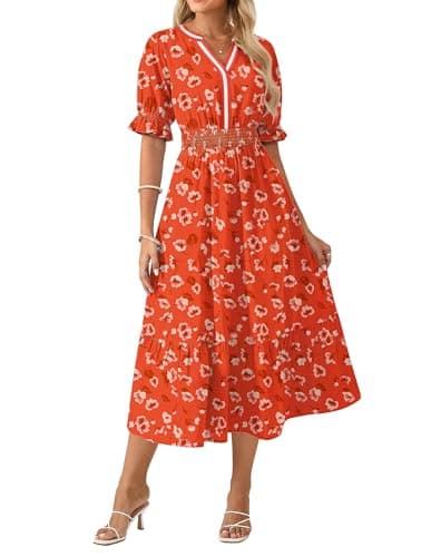 GRACE KARIN Womens Summer Floral Maxi Dress 2026 Casual Ruffle Short Sleeve Boho Dress A Line Flowy Dresses with Pockets Orange Flower S - Image 1