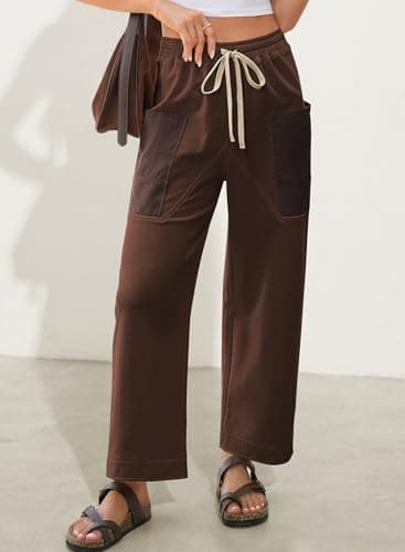 EVALESS Pants for Women Casual High Waisted Baggy Cargo Pants 2026 Summer Ankle Length Wide Leg Sweatpants with Pockets Drawstring Elastic Band Teacher Outfits Coffee X-Large - Thumbnail 5
