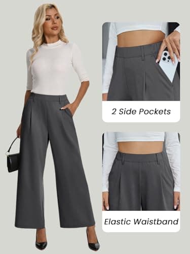 Amzdora Women’s Casual Wide Leg Pants High Waisted Stretch Pull On Palazzo Trousers Loose Flowy Lounge Pants with Pockets Dark Gray - Thumbnail 4