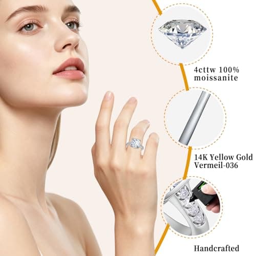 4 Carat Moissanite Engagement Ring for Women, Cushion Cut 4CT Moissanite Wedding Ring, 14K Rose Gold/White Gold Plated Adjustable Bridal Promise Ring, Hypoallergenic Anniversary Ring with Gift Box (42 Silver SIZE 4-7) - Thumbnail 4