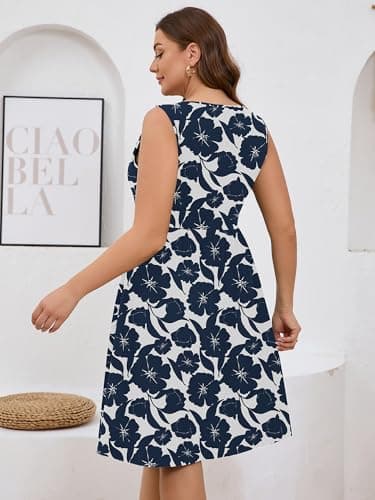 AusLook Plus Size Women Summer Dress Sleeveless V Neck Casual Cute Loose Sundress Peony Silhouette 5X Comfy Swing Button Down Midi Work Flowy Tunic Ladies Beach Vacation Teacher Dresses with Pockets - Thumbnail 2