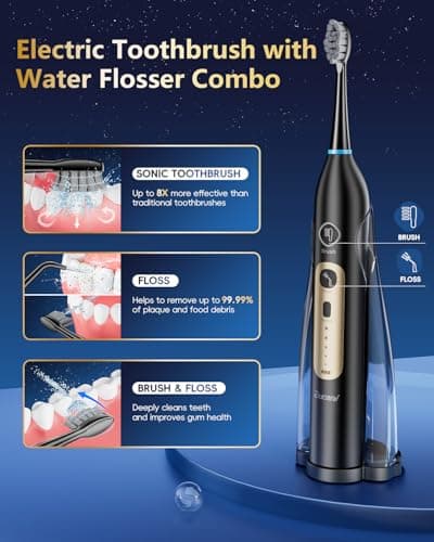 Electric Toothbrush with Water Flosser Combo, Professional Oral Care with 3 Brush Modes & 5 Water Pressure, Rechargeable Flossing Toothbrush for Adults Teeth Cleaning, Cordless for Home&Travel, Black - Thumbnail 2