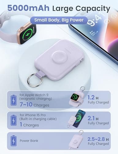 RORRY CharmGo Portable Charger, 5000mAh Portable Charger Power Bank with Built-in Cables, Travel Keychain Battery Pack for Apple Watch and iPhone Air/17/16/15/14/13/12, Purple - Thumbnail 3