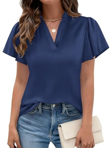 PRETTYGARDEN Women's 2026 Summer Satin Blouses Dressy Casual Ruffle Cap Sleeve V Neck Business Work Cute Tops Spring Outfits (Navy Blue,Small) - Thumbnail 6