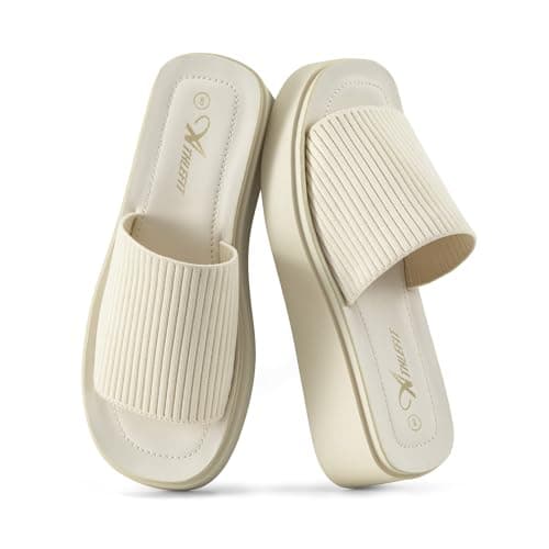 Athlefit Women's Slip On Platform Sandals Comfortable Open Toe Flatform Chunky Beige Sandals Size 10 - Thumbnail 5