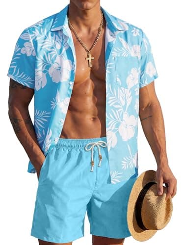 JEMLDL Men's Hawaiian 2 Piece Sets Short Sleeve Shirts Matching Linen Shorts Outfits Summer Beach Casual Clothes Blue White Floral 3XL - Image 1