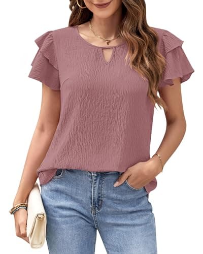 MOLERANI Blouses for Women Dressy Casual Tops Business Work Short Ruffle Sleeve Cute Summer Shirts Trendy Outfits 2025,Russian Red,M - Image 1