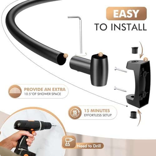 Bonpally Curved Shower Curtain Rod for Bathroom, 40-72 Inches Adjustable Curved Shower Rod, 0.9MM Round Shower Curtain Rod with Rotating Brackets for Extra Shower Space, Need to Drill, Black - Thumbnail 5