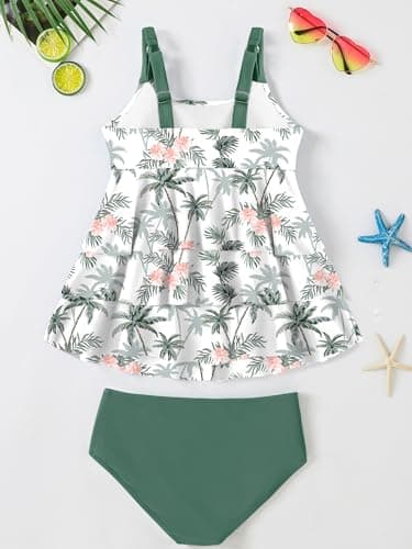 GEMLON Girls Swimsuits Size 10-12 Two Piece Sets Tiered Ruffled Tropical Tank Top Tankini with Shorts Bathing Suits for Girls Green - Thumbnail 4